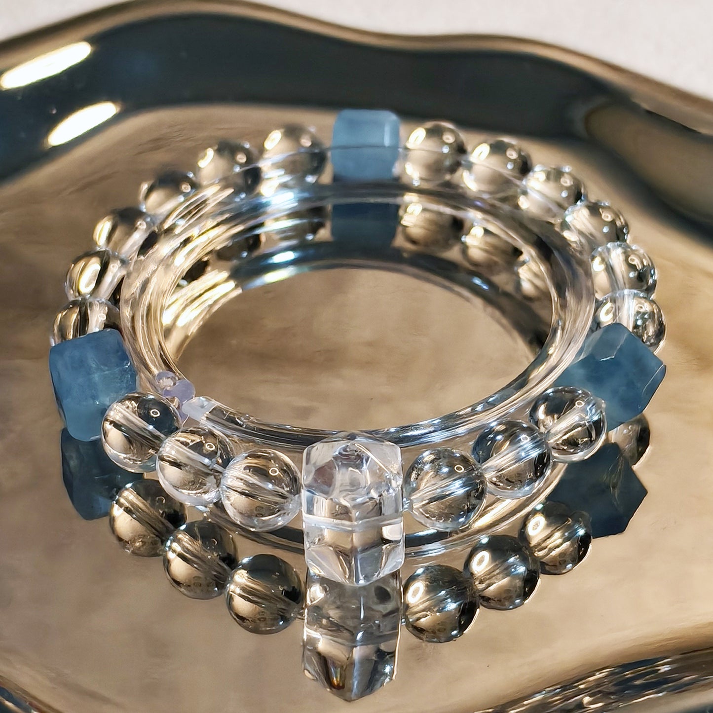 Natural Clear Quartz & Aquamarine Bracelet, Crystal Jewelry for Women, Unique Design Spiritual Accessory